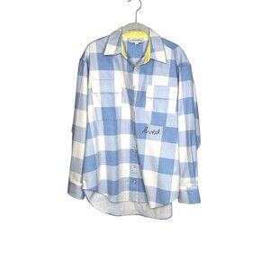 Kerri Rosenthal Shirt Womens S/M Blue Check Flannel Loved Button Up Long Sleeve